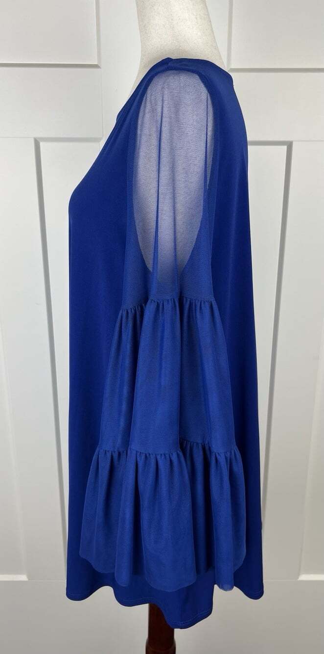 IC by Connie K Tunic Top L Blue Violet Sheer Mesh Ruffle Sleeve Made USA - Picture 3 of 7